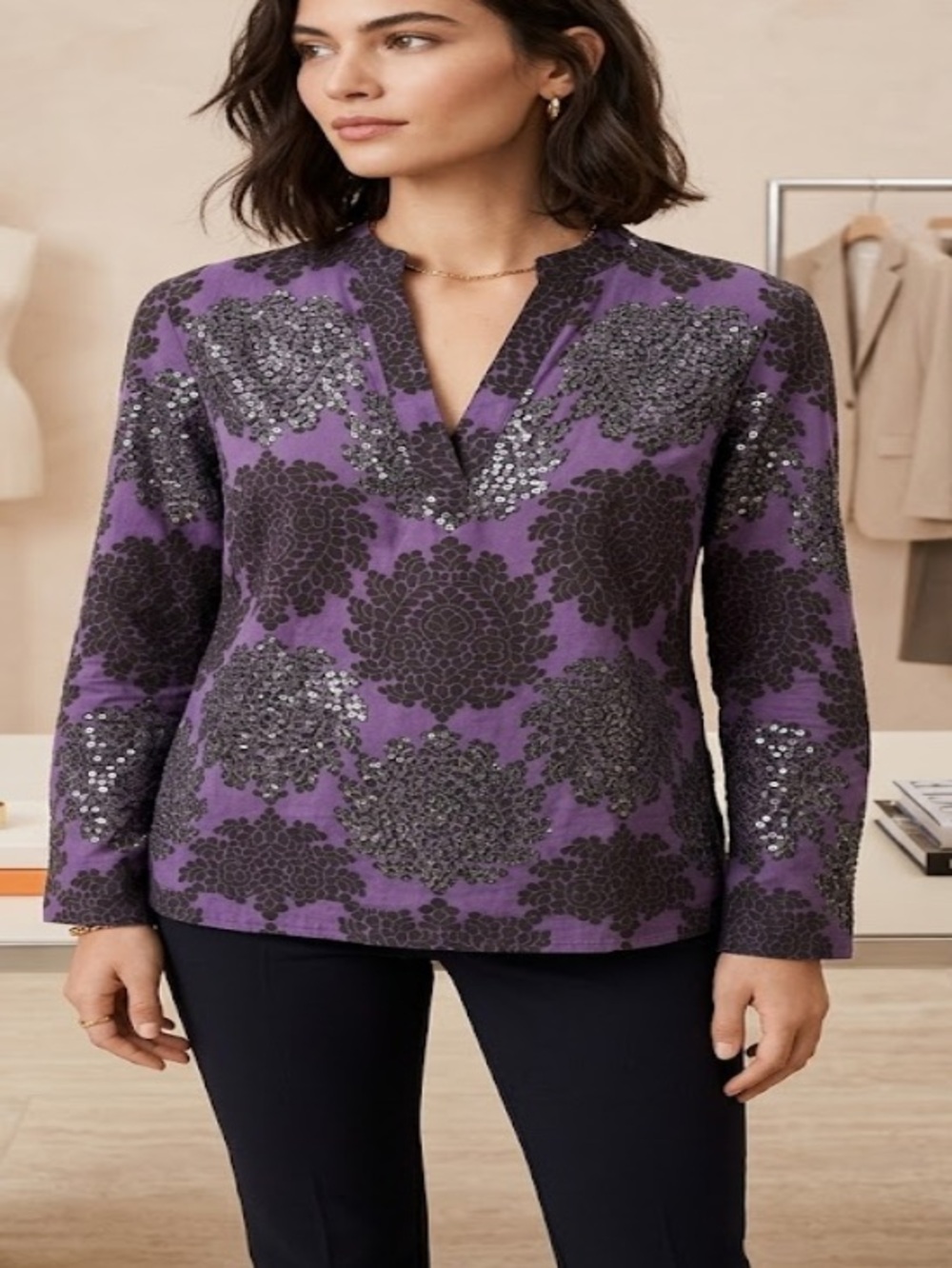 Tory Burch cotton damask Purple and Black Floral Sequin V-Neck Long Sleeve Top